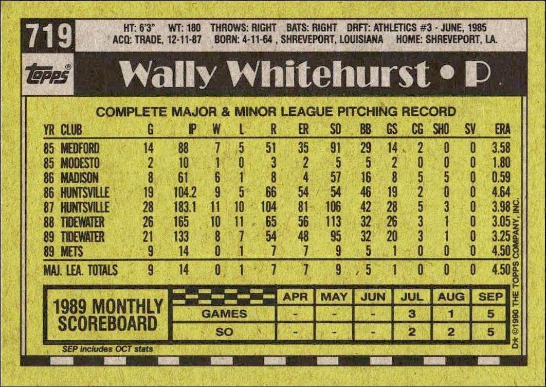 1990 Topps Wally Whitehurst #719 baseball trading card back