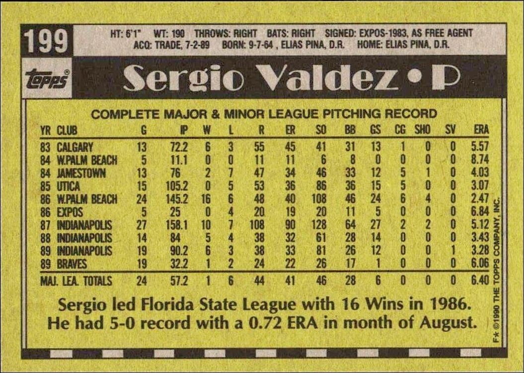 1990 Topps Sergio Valdez #199 baseball trading card back