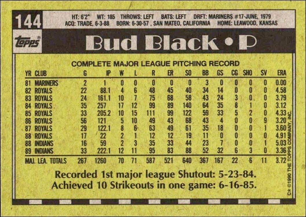 1990 Topps Bud Black #144 baseball trading card back