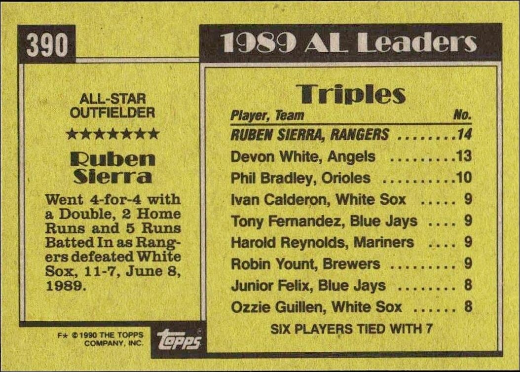 1990 Topps Ruben Sierra #390 baseball trading card back