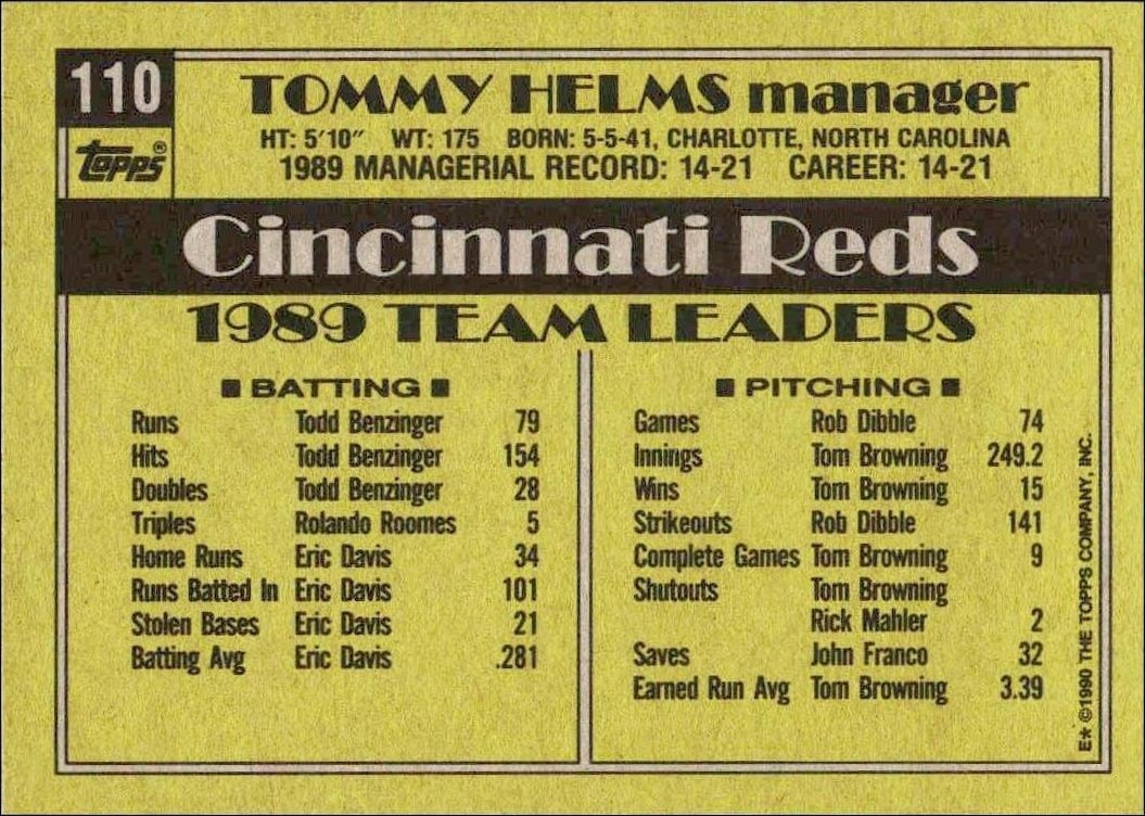 1990 Topps Tommy Helms #110 baseball trading card back