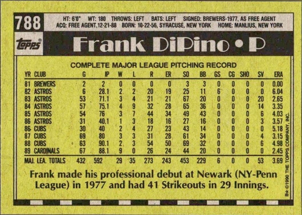 1990 Topps Frank DiPino #788 baseball trading card back