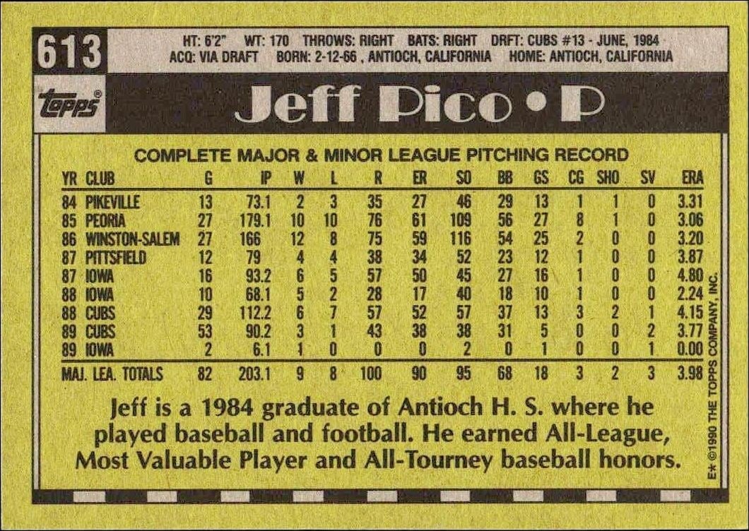 1990 Topps Jeff Pico #613 baseball trading card back