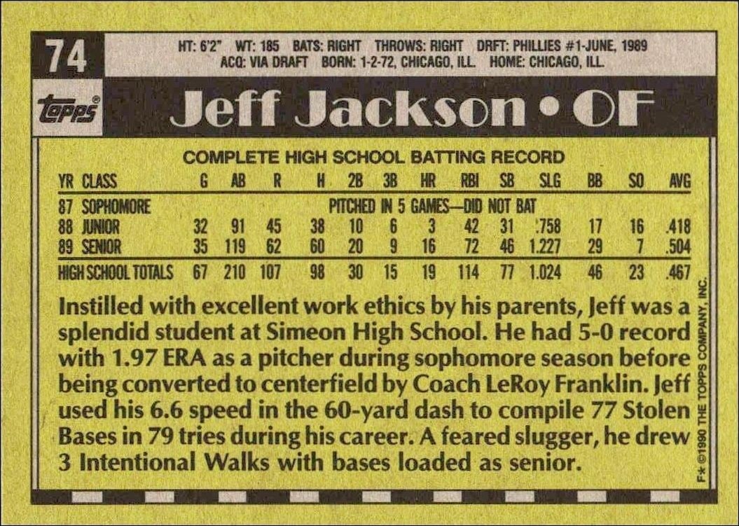 1990 Topps Jeff Jackson #74 baseball trading card back