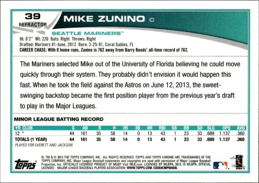 2013 Topps Chrome Mike Zunino #39 baseball trading card back