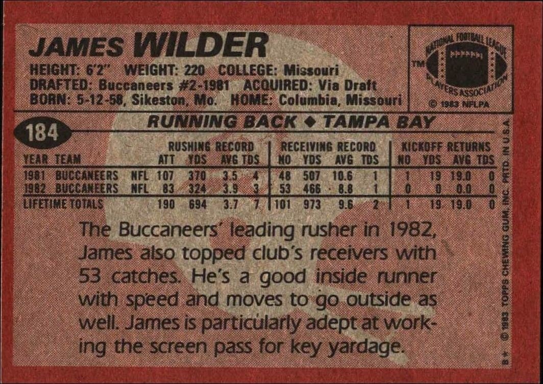 1983 Topps James Wilder #184 football trading card back
