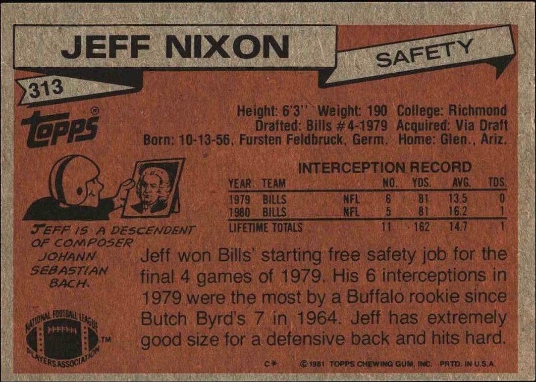 1981 Topps Jeff Nixon #313 football trading card back