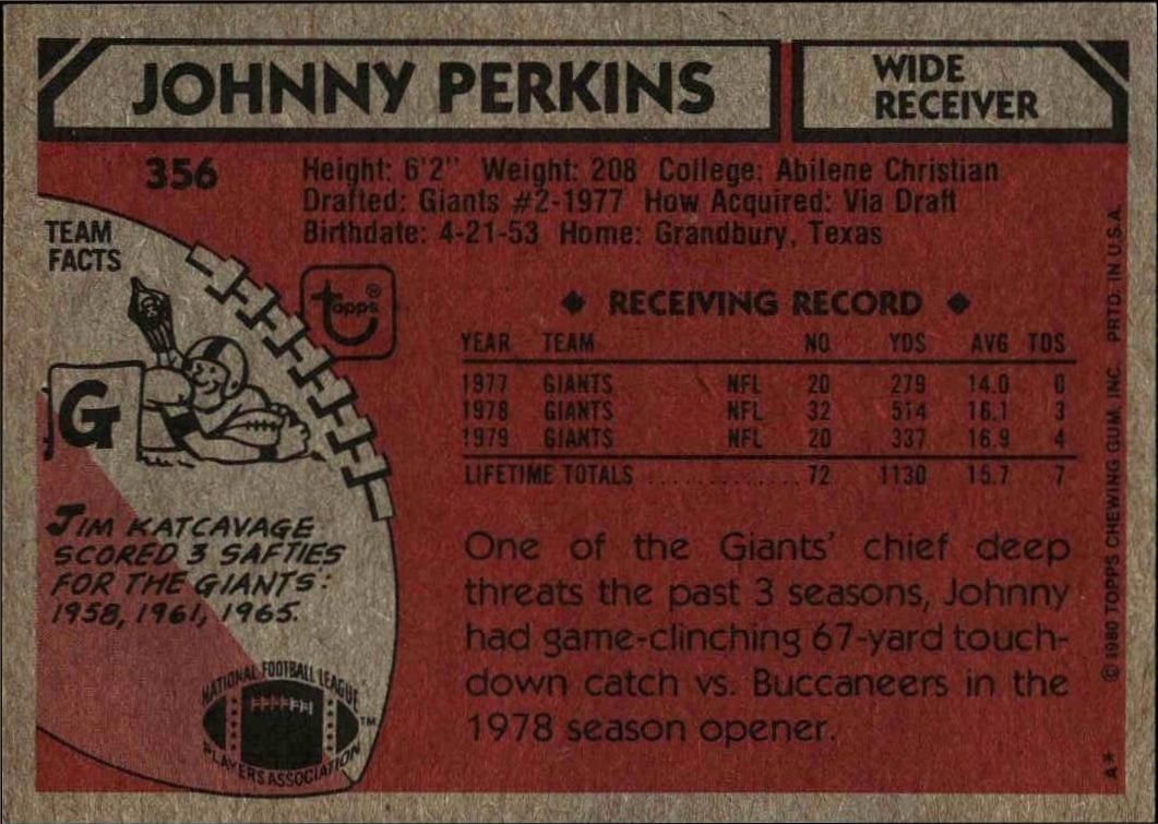 1980 Topps Johnny Perkins #356 football trading card back