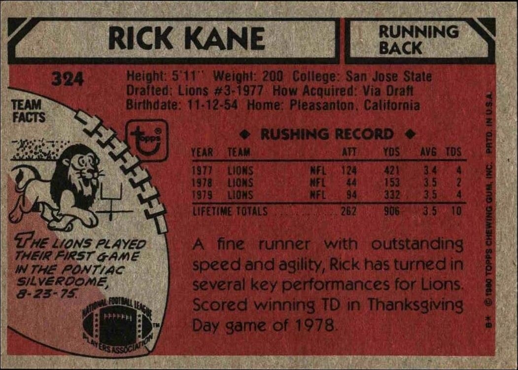 1980 Topps Rick Kane #324 football trading card back