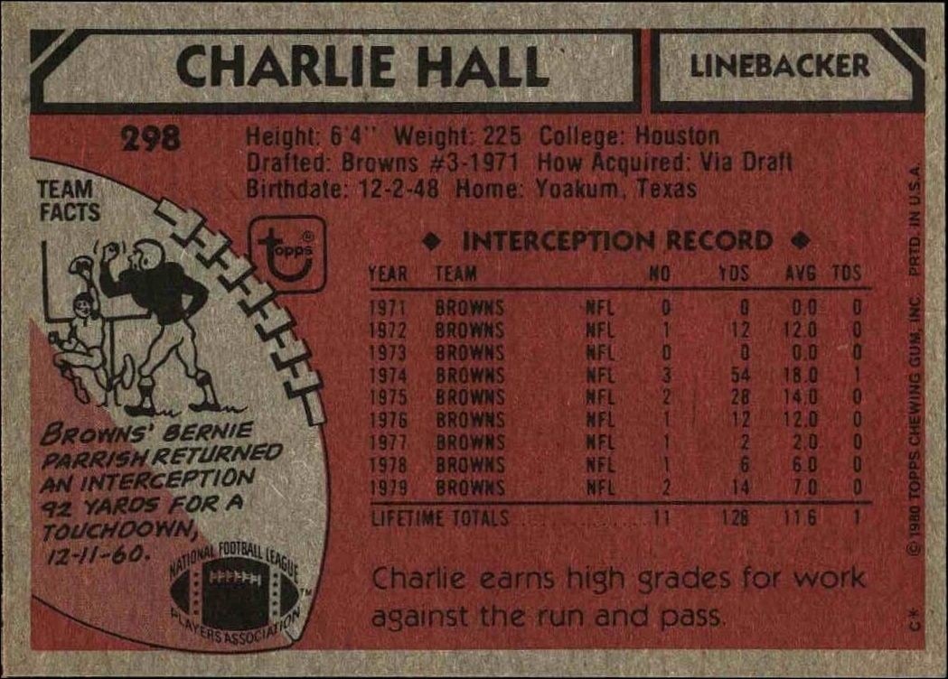 1980 Topps Charlie Hall #298 football trading card back