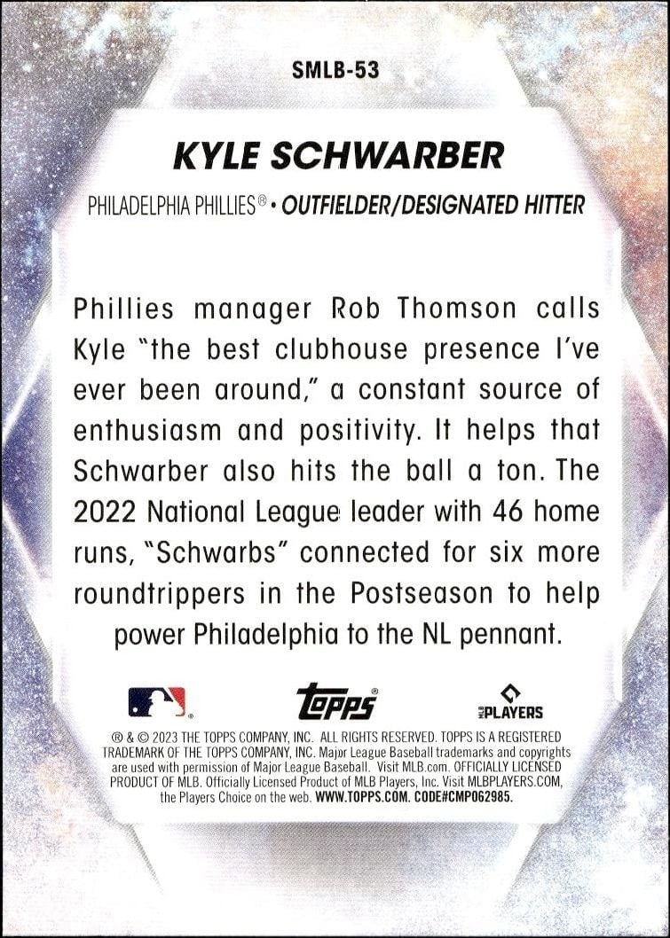 2023 Topps Series 2 Kyle Schwarber #SMLB-53 baseball trading card back