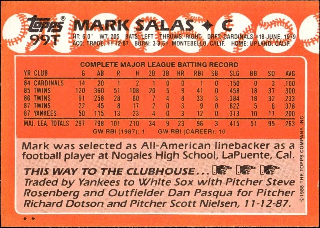 1988 Topps Traded Mark Salas #99T baseball trading card back