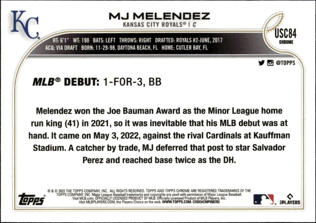 2022 Topps Chrome Update MJ Melendez #USC84 baseball trading card back