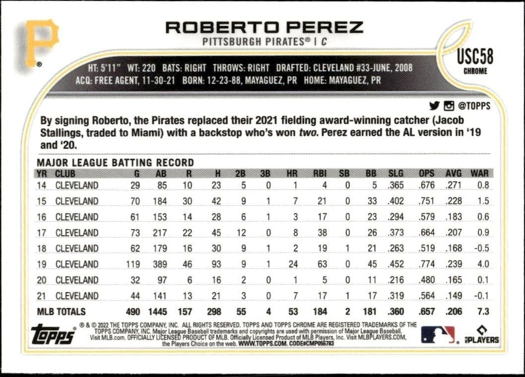 2022 Topps Chrome Update Roberto Perez #USC58 baseball trading card back