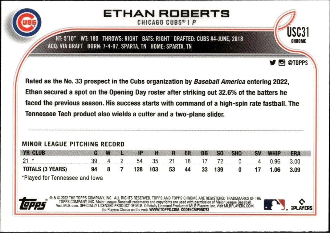2022 Topps Chrome Update Ethan Roberts #USC31 baseball trading card back
