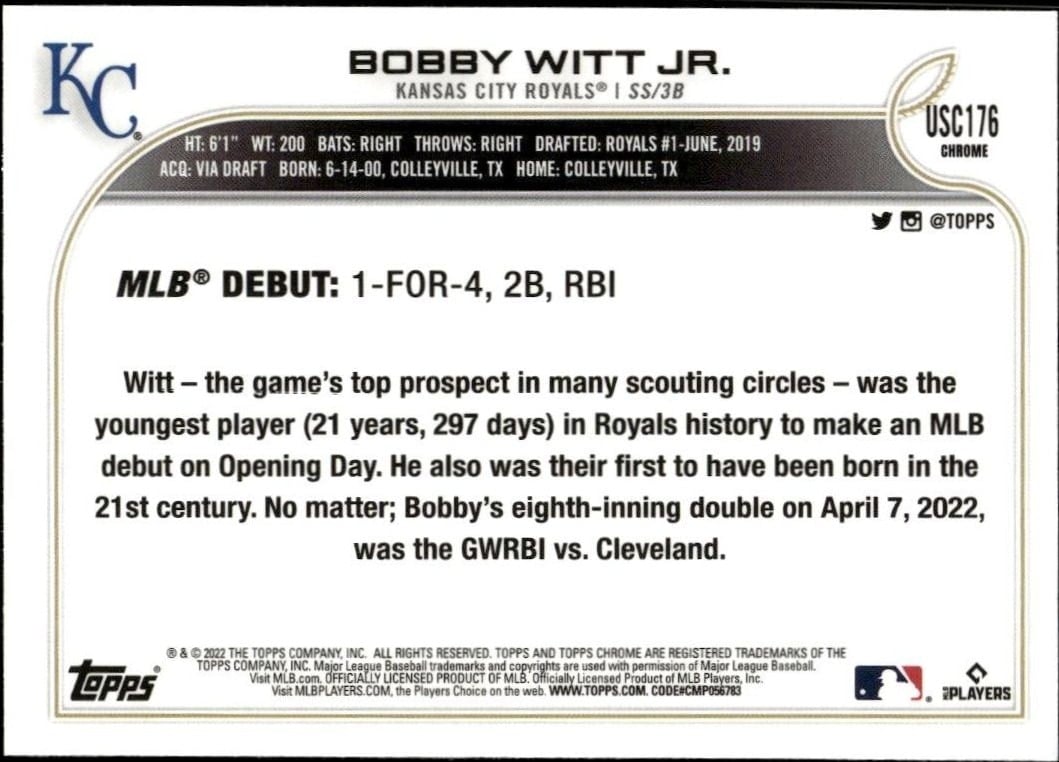 2022 Topps Chrome Update Bobby Witt Jr. #USC176 baseball trading card back