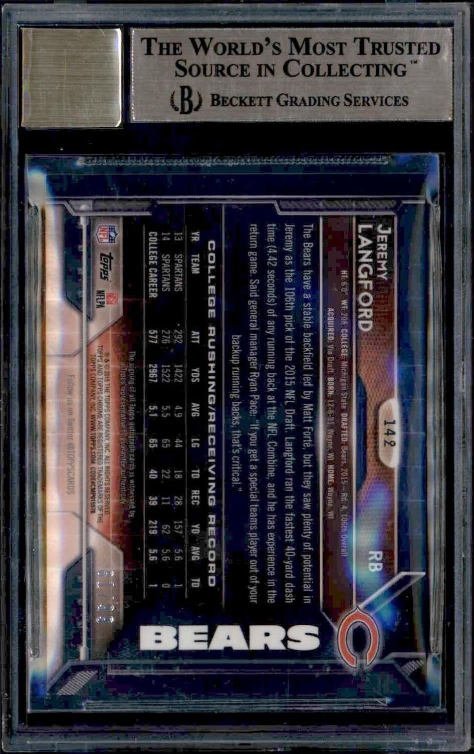 2015 Topps Chrome Jeremy Langford #142 football trading card back