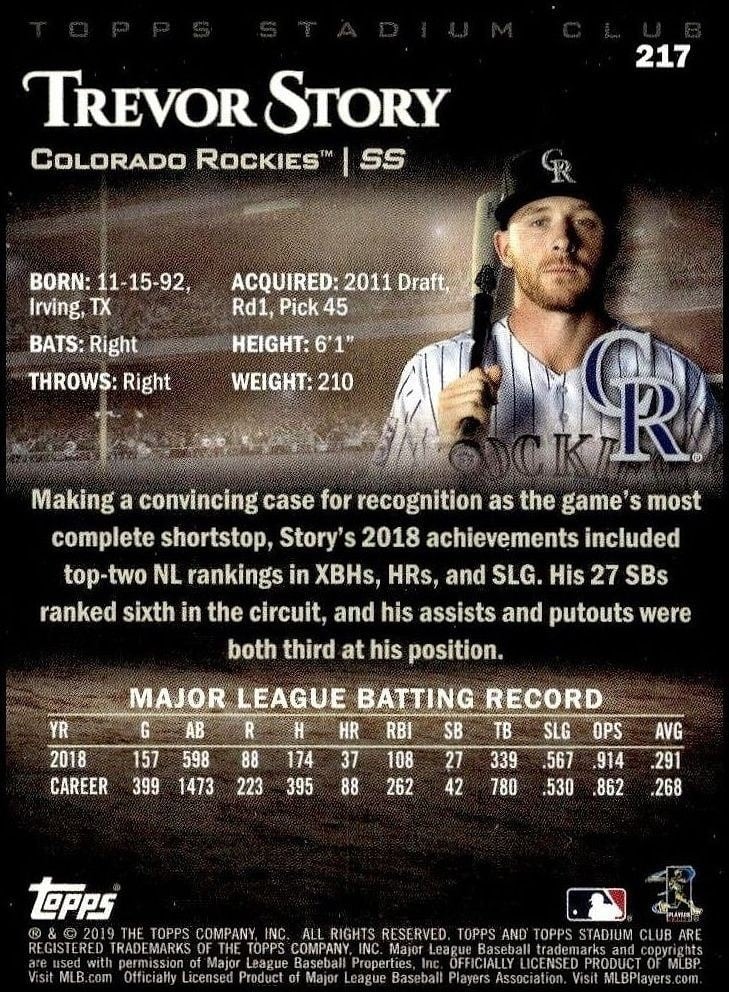 2019 Topps Stadium Club Trevor Story #217 baseball trading card back