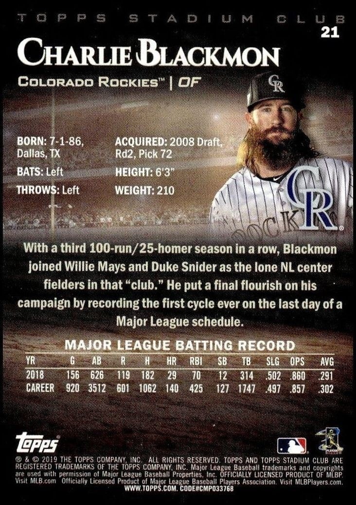 2019 Topps Stadium Club Charlie Blackmon #21 baseball trading card back