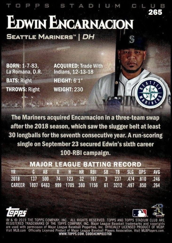 2019 Topps Stadium Club Edwin Encarnacion #265 baseball trading card back