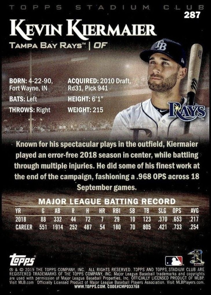 2019 Topps Stadium Club Kevin Kiermaier #287 baseball trading card back