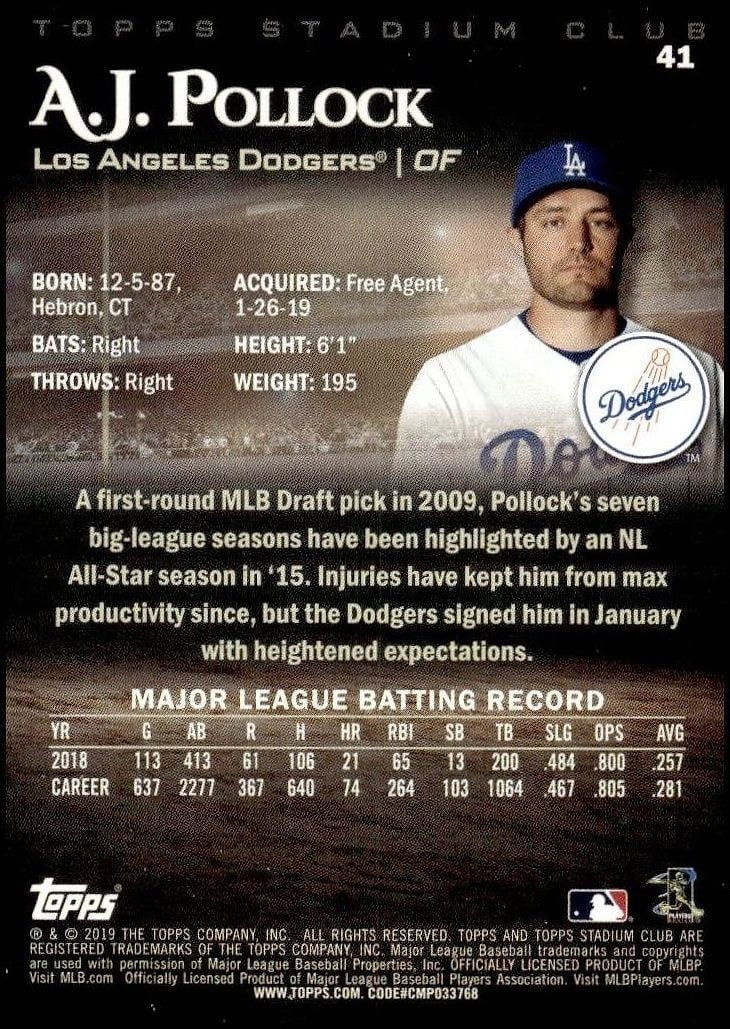 2019 Topps Stadium Club A.J. Pollock #41 baseball trading card back