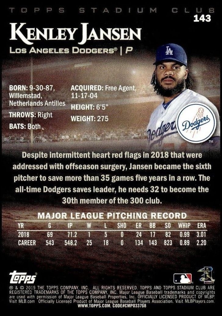 2019 Topps Stadium Club Kenley Jansen #143 baseball trading card back