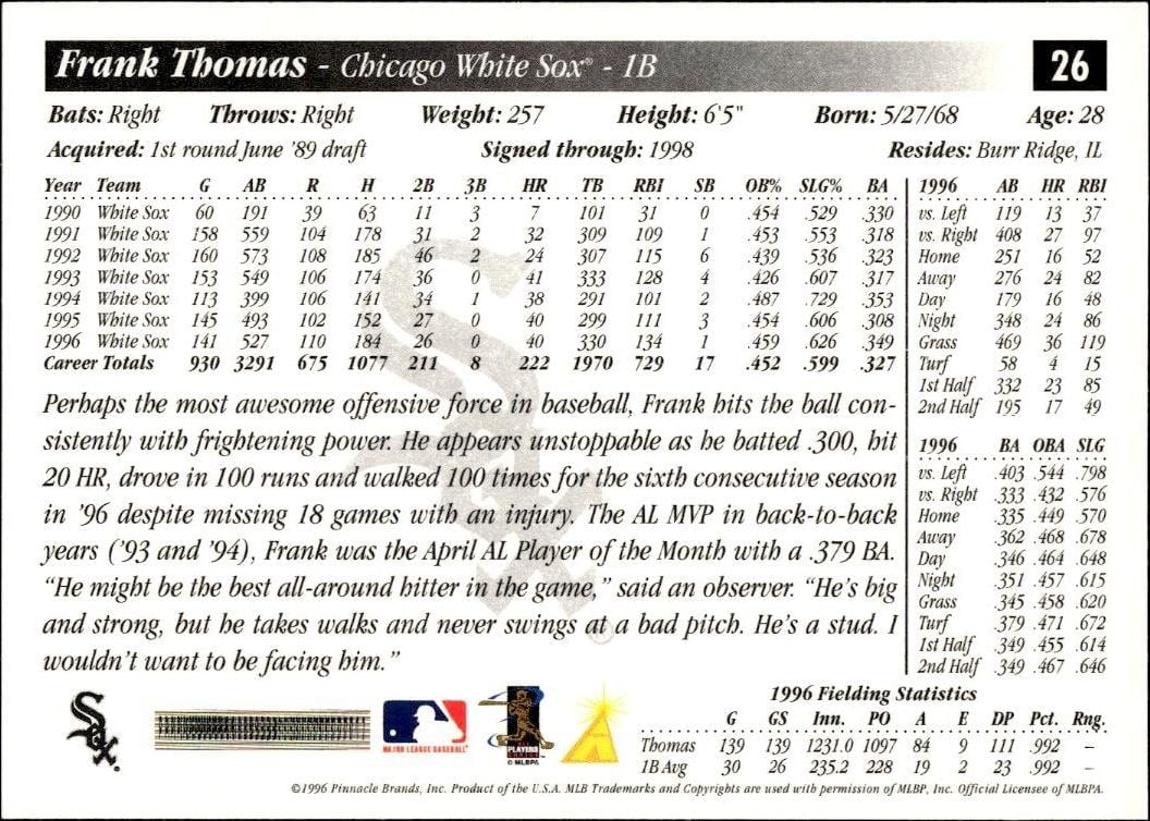 1997 Pinnacle Score Frank Thomas #26 baseball trading card back
