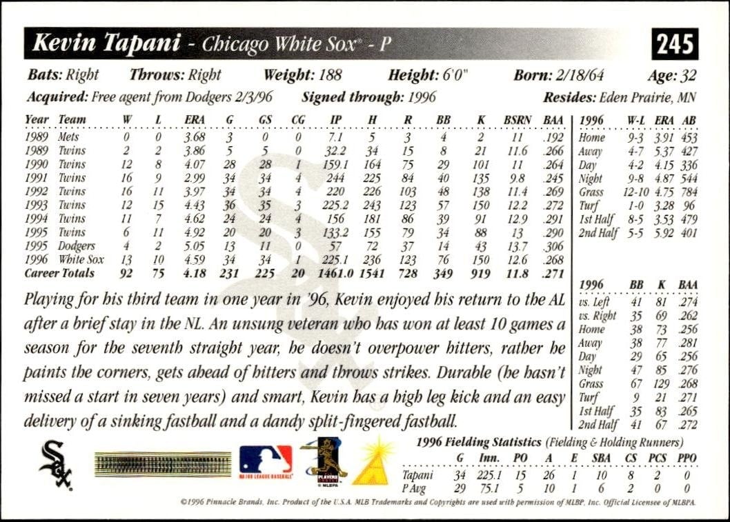 1997 Pinnacle Score Kevin Tapani #245 baseball trading card back