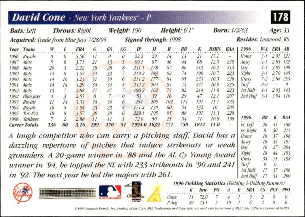 1997 Pinnacle Score David Cone #178 baseball trading card back