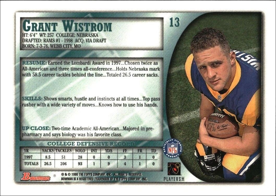 1998 Bowman Grant Wistrom #13 football trading card back