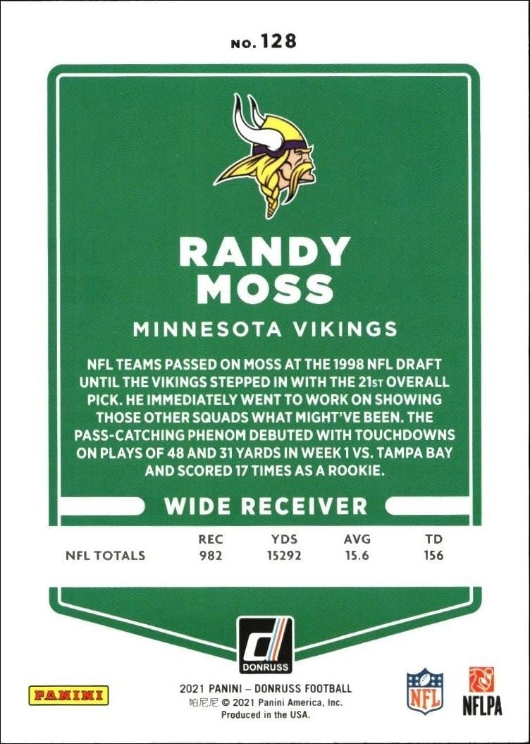 2021 Panini Donruss Randy Moss #128 football trading card back