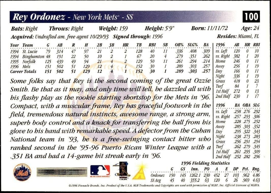 1997 Pinnacle Score Rey Ordonez #100 baseball trading card back
