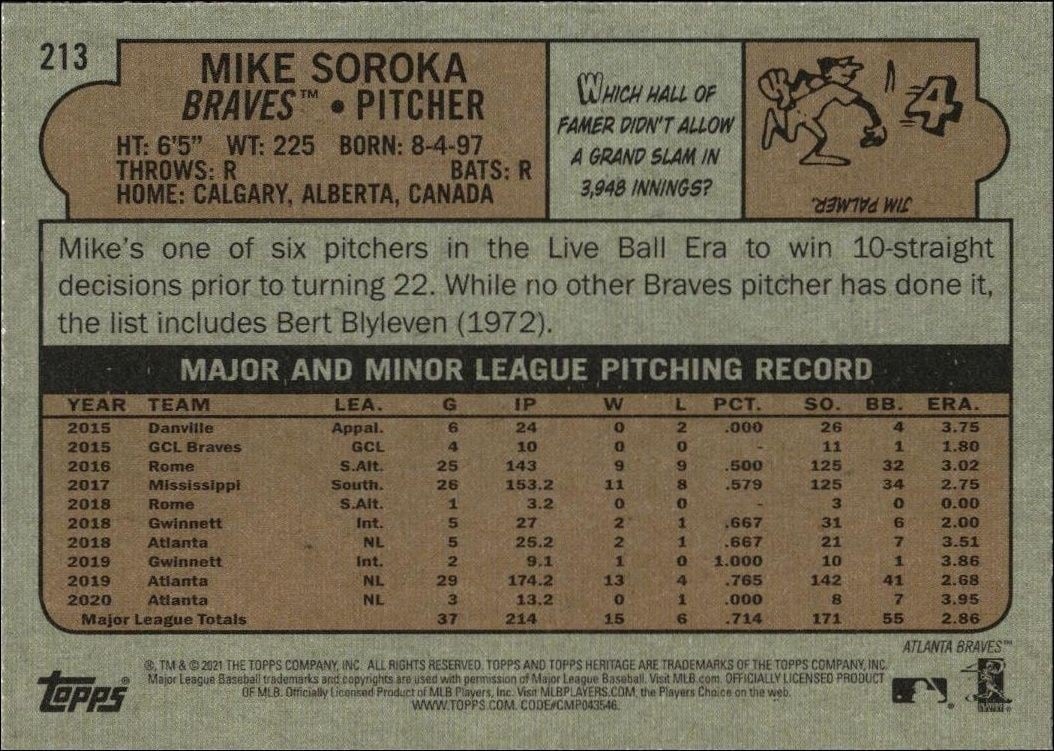 2021 Topps Heritage Mike Soroka #213 baseball trading card back