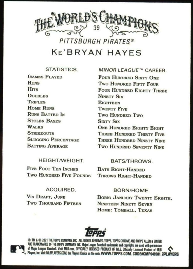 2021 Topps Allen & Ginter Chrome Ke'Bryan Hayes #39 baseball trading card back