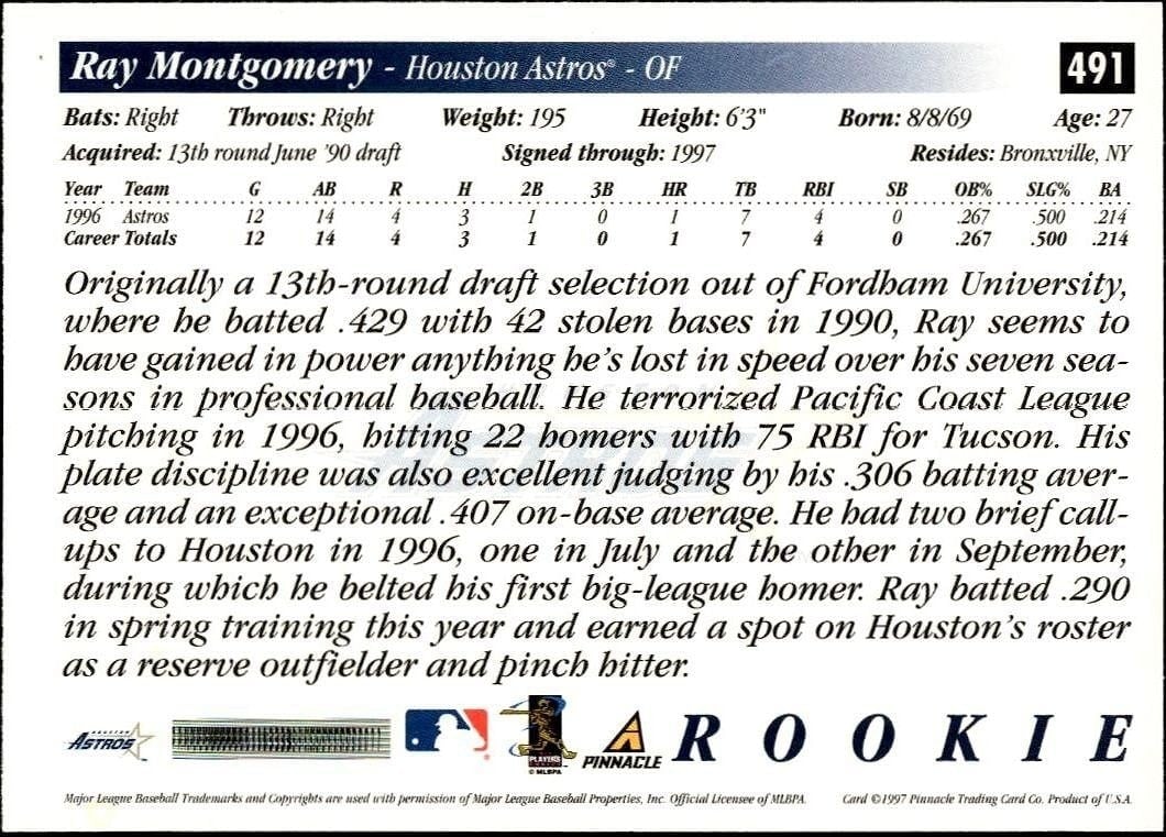 1997 Pinnacle Score Ray Montgomery #491 baseball trading card back