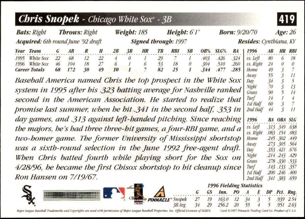 1997 Pinnacle Score Chris Snopek #419 baseball trading card back