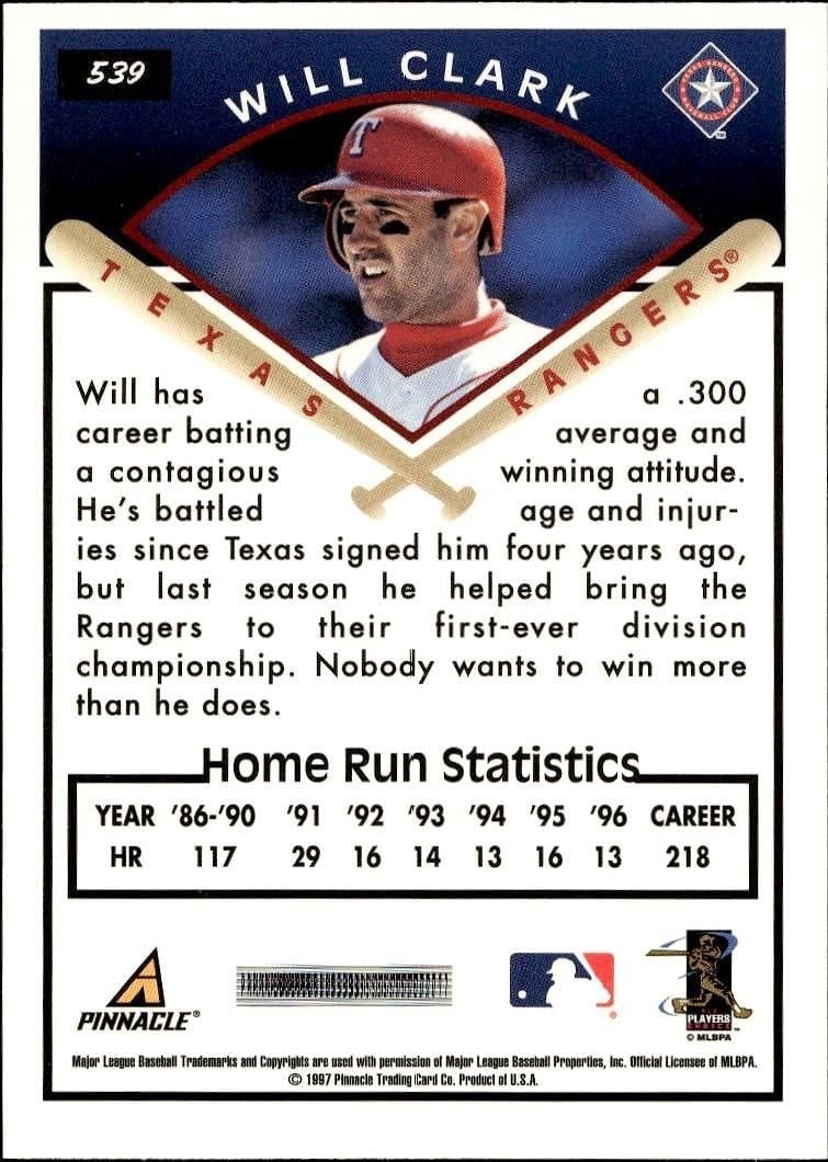 1997 Pinnacle Score Will Clark #539 baseball trading card back