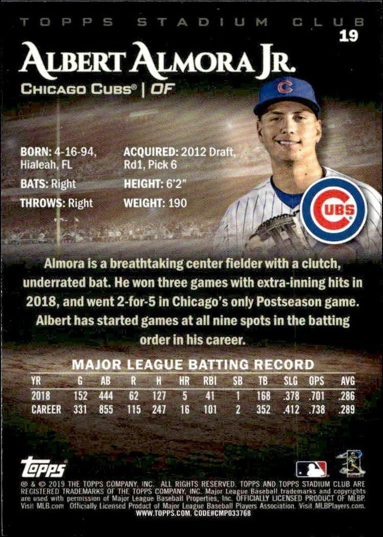 2019 Topps Stadium Club Albert Almora Jr. #19 baseball trading card back
