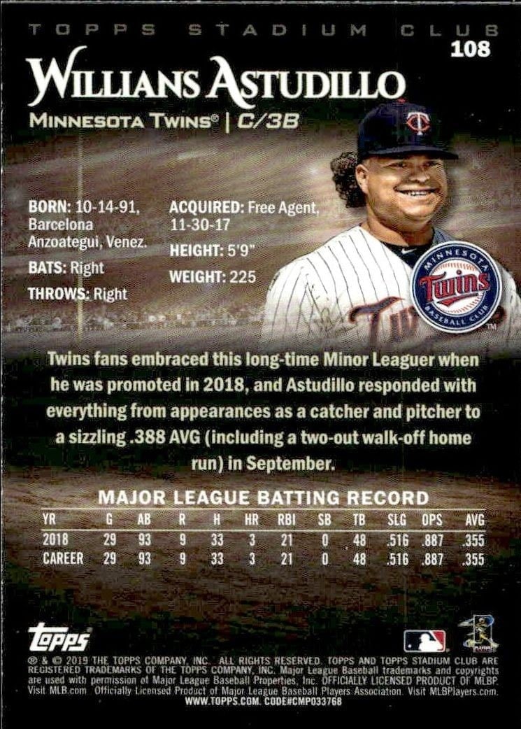 2019 Topps Stadium Club Willians Astrudillo #108 baseball trading card back