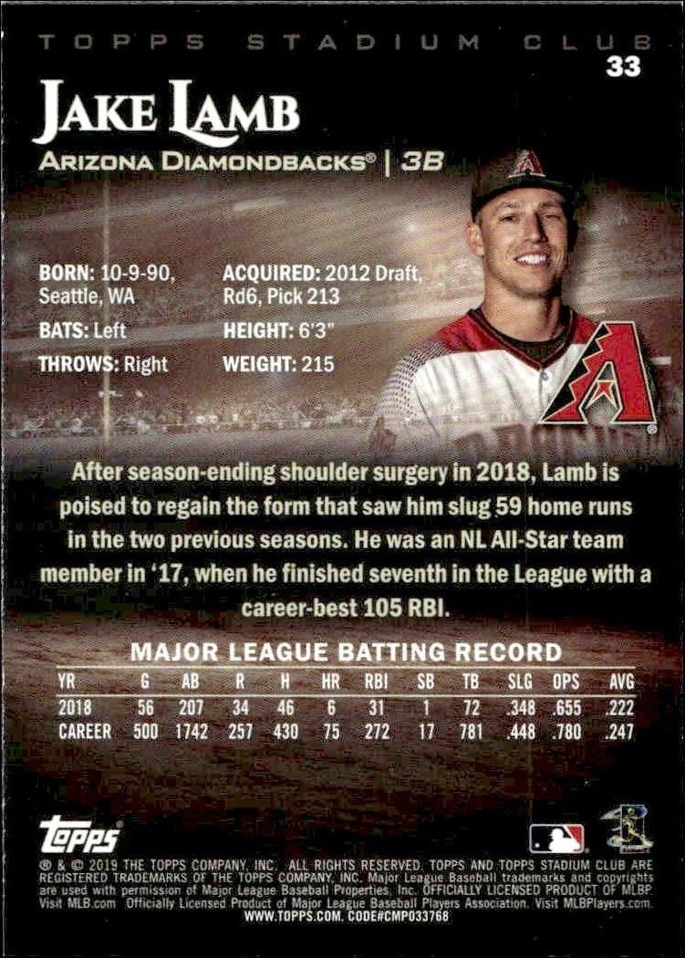 2019 Topps Stadium Club Jake Lamb #33 baseball trading card back