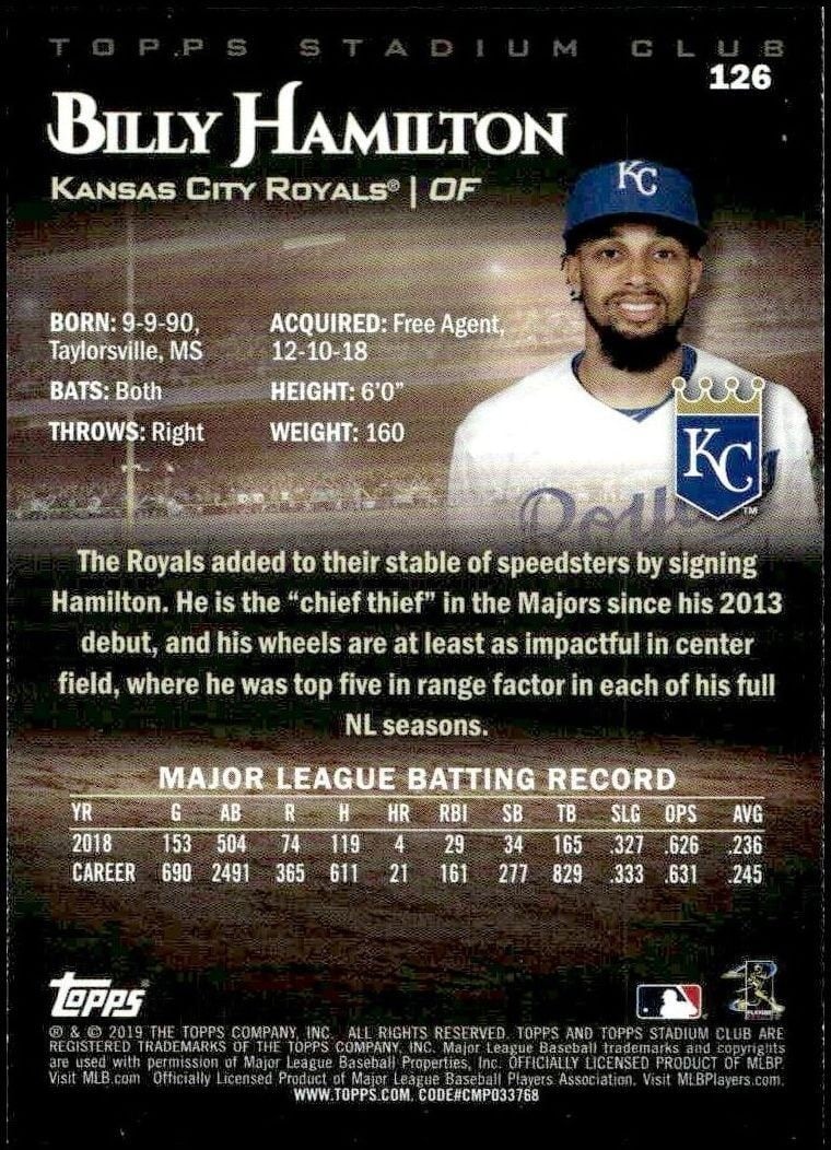 2019 Topps Stadium Club Billy Hamilton #126 baseball trading card back