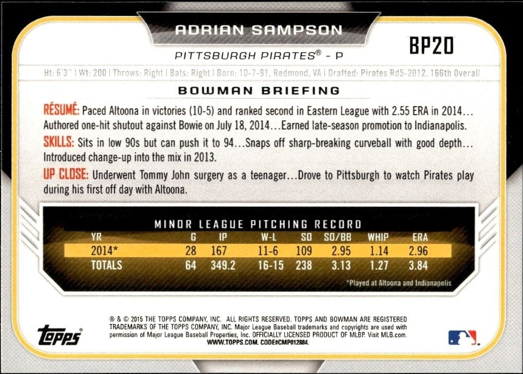 2015 Bowman Draft Adrian Sampson #BP20 baseball trading card back