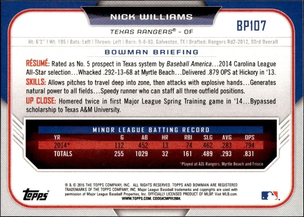 2015 Bowman Draft Nick Williams #BP107 baseball trading card back