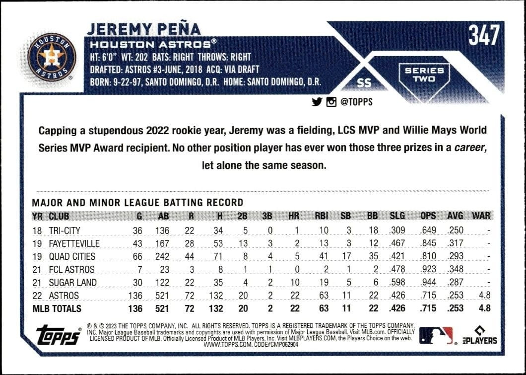 2023 Topps Series 2 Jeremy Pena #347 baseball trading card back