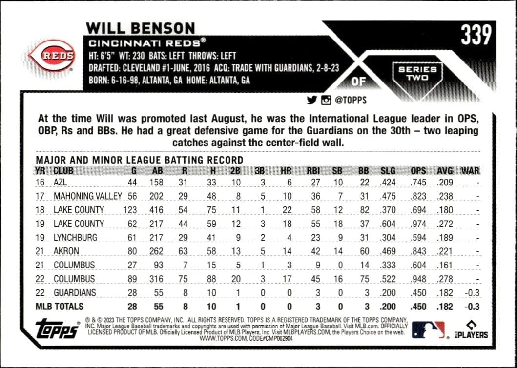 2023 Topps Series 2 Will Benson #339 baseball trading card back
