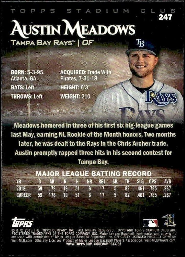 2019 Topps Stadium Club Austin Meadows #247 baseball trading card back