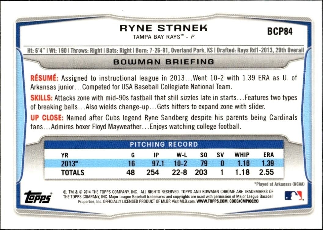 2014 Bowman Chrome Ryne Stanek #BCP84 baseball trading card back