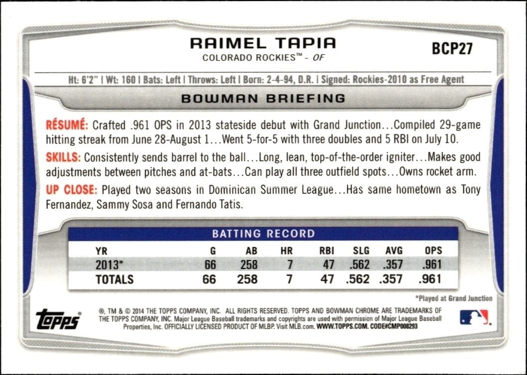 2014 Bowman Chrome Raimel Tapia #BCP27 baseball trading card back