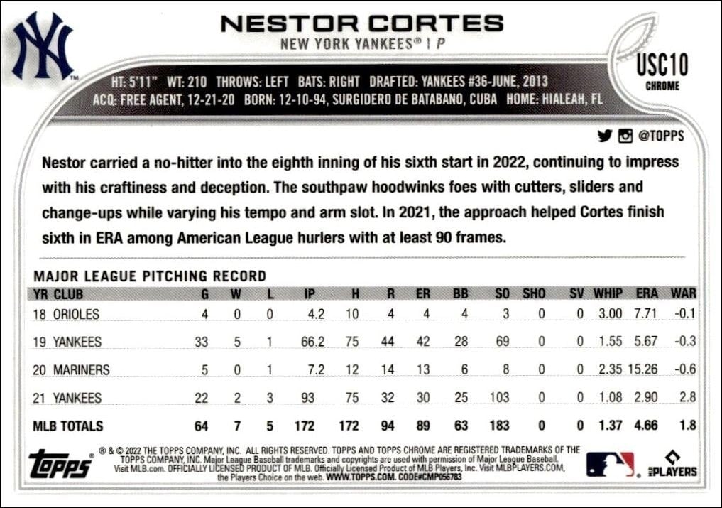 2022 Topps Chrome Update Nestor Cortes #USC10 baseball trading card back